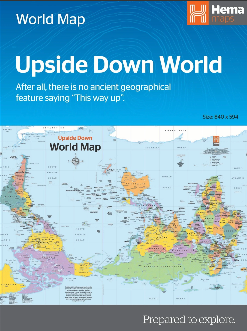【T-MAPS】アップサイドダウン世界地図(封筒折り込み版) Upside Down World in Envelope Folded Map