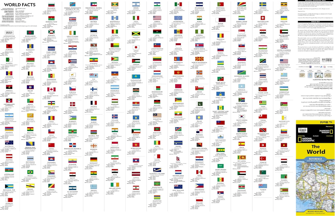 【T-MAPS】世界地図、各国旗&データ The World Reference Map with Flags &Facts