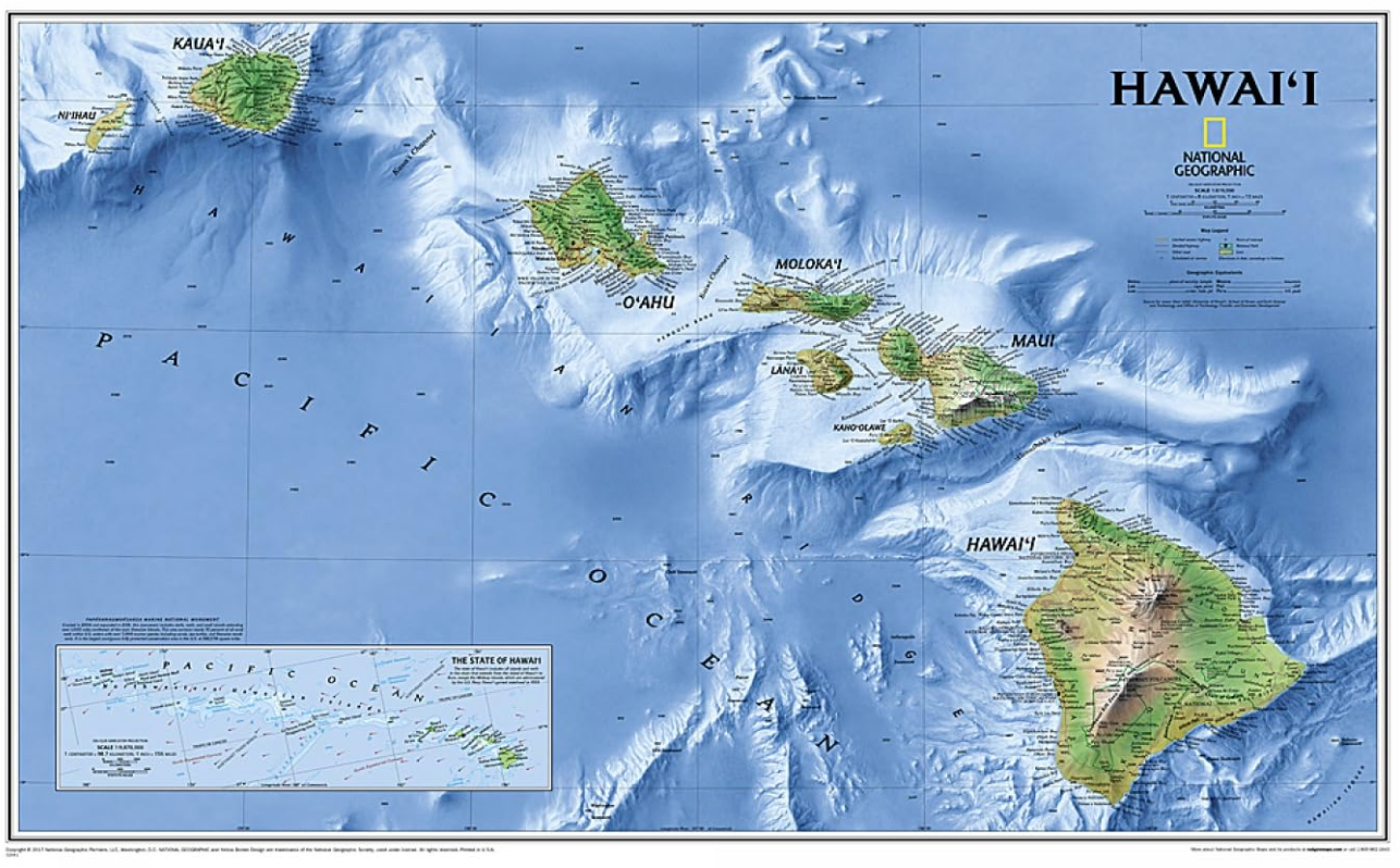 【T-MAPS】ハワイ地勢図ウォールマップ Hawaii Reference Wall Map