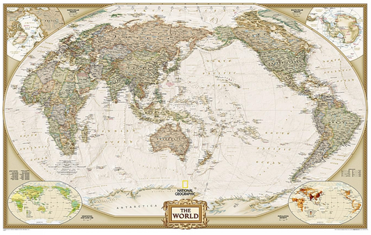 【T-MAPS】世界地図太平洋中心アンティーク調 World Executive Pacific Centered